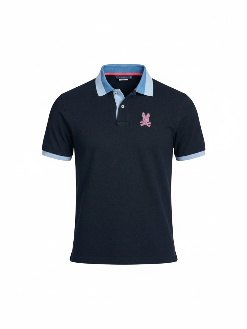 Psycho Bunny Navy Polo with Light Blue Trim and Pink Logo